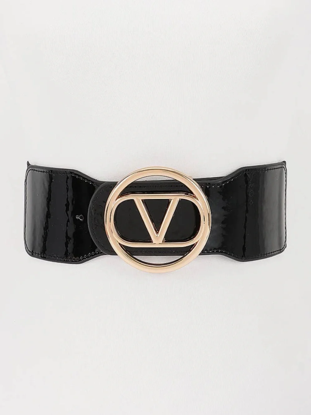 Black Patent Wide Waist Belt with Gold V Logo Buckle